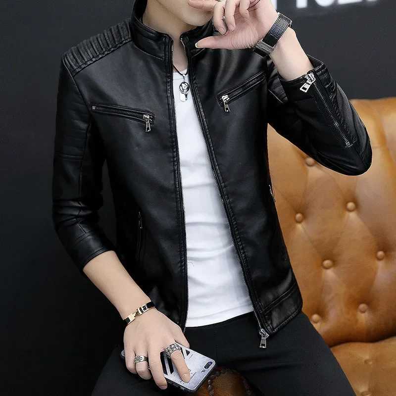 2024 Solid Color Cross-border Leather Jacket For Men Trendy Motorcycle Vest Windproof Slimming Smooths Your SilhouetteT250311