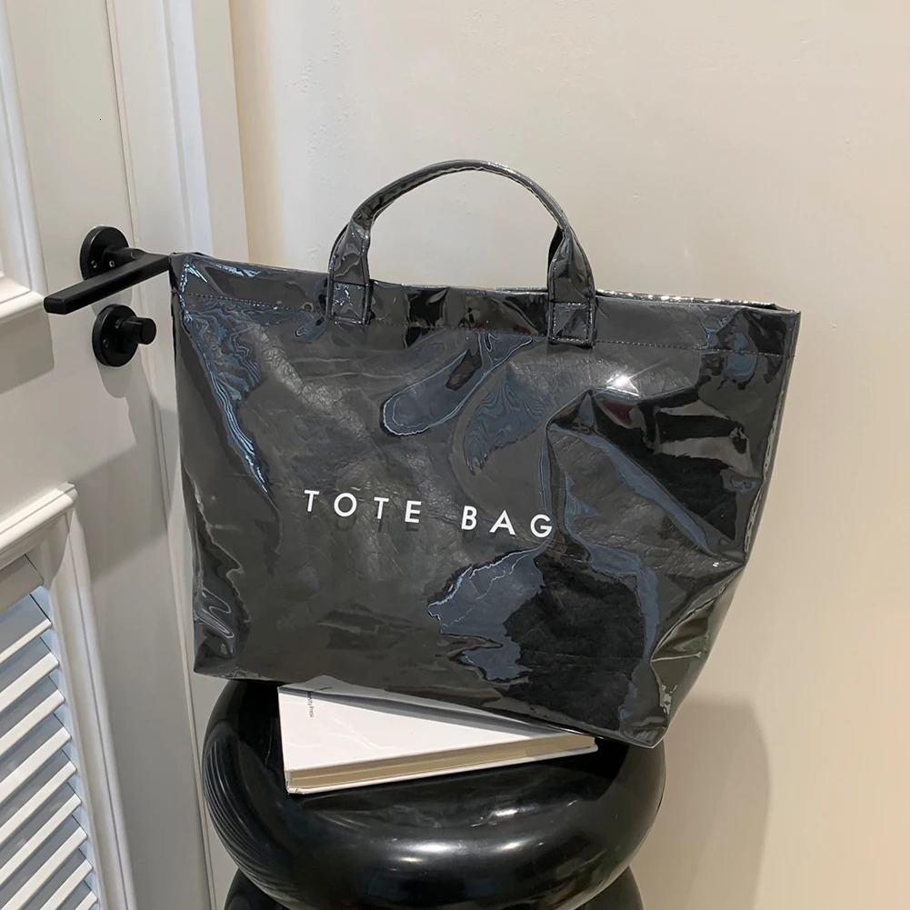 PVC Top Handle Bag for Women Fashionable Tote Bag Large Capacity Simple Trendy Shopping Bag Kraft Paper Handbag Satchel Purse 250305