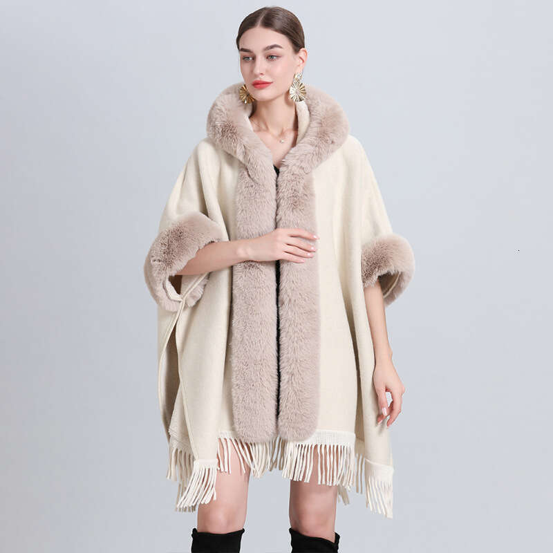 869 # Autumn And Winter New Loose Grid Pattern With Thick Collar Knitted Shawl Cape Women's Woolen Coat