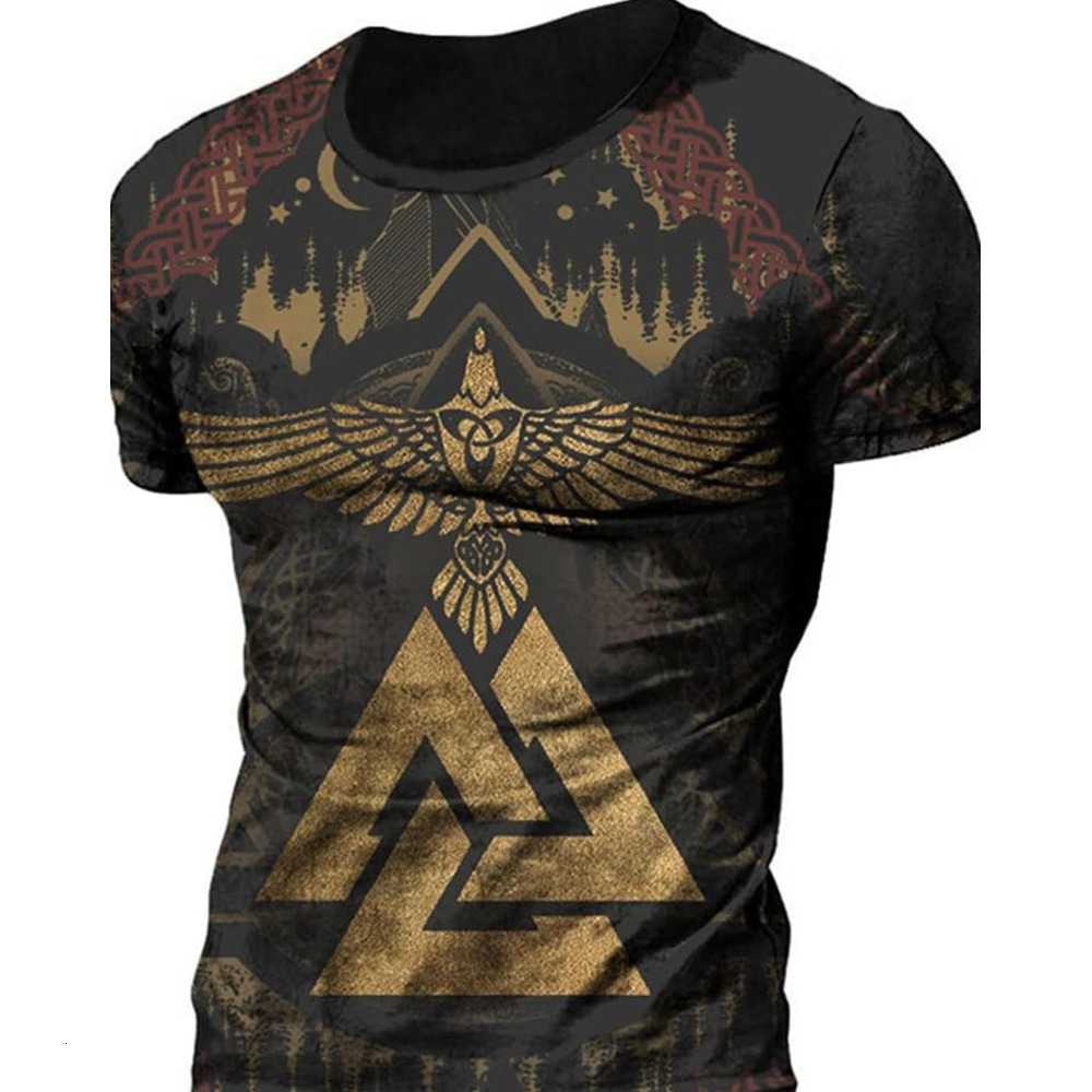 Mens T shirt Viking 3D Digital Print Triangle Knot Raven Pattern T-Shirt, Men's Summer Tattoo Casual Short Sleeve tee Casual tops summer clothes 