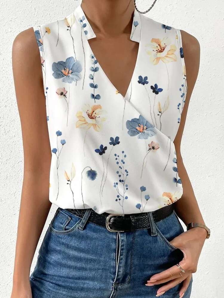 Fashion V-Neck Sleeveless Print Women Tops And Blouses 2024 Summer Casual White Tank Femme Shirt Top