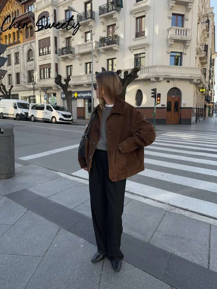 Casual Suede Brown Women Jacket Vintage Lapel Button Long Sleeve Pocket Female Coat 2025 Spring Autumn Lady Urban Streetwear