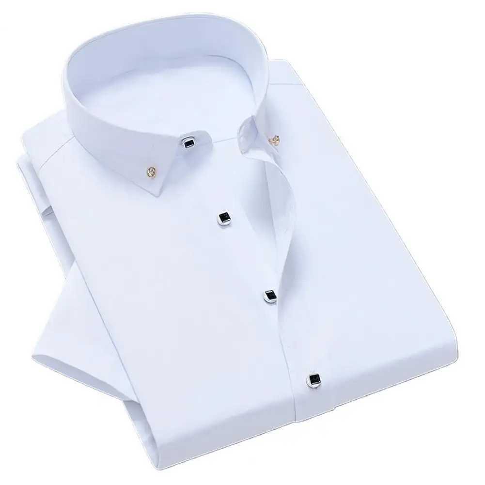 White mens business shirt solid color breathable mens short sleeved formal top W250312