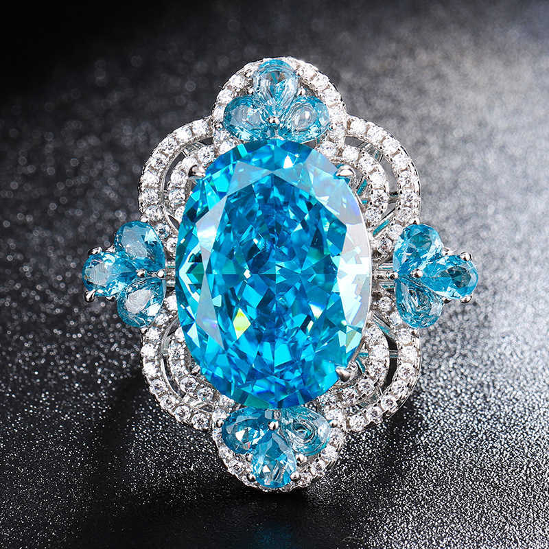 Zhuang Shengshengs new S925 silver high carbon diamond sea blue treasure sparkling luxury palace style inlaid set 13 * 18 W250312