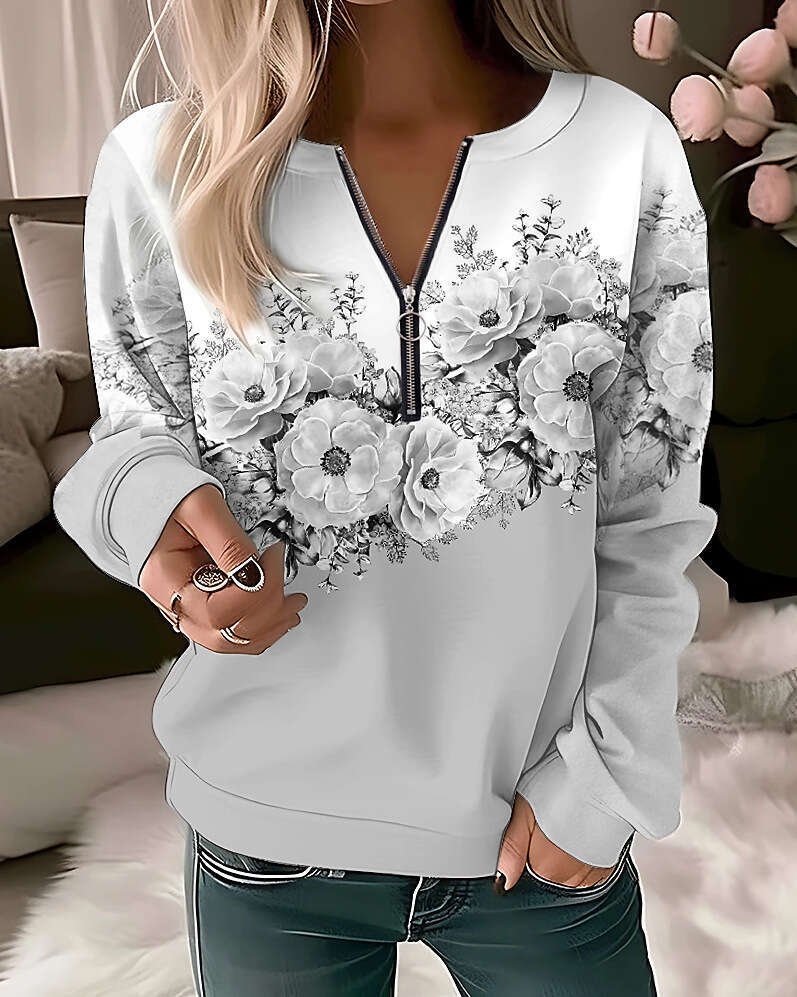 European American women's hot item printed V-neck long sleeved pullover loose hoodie new style chic and elegant clothing