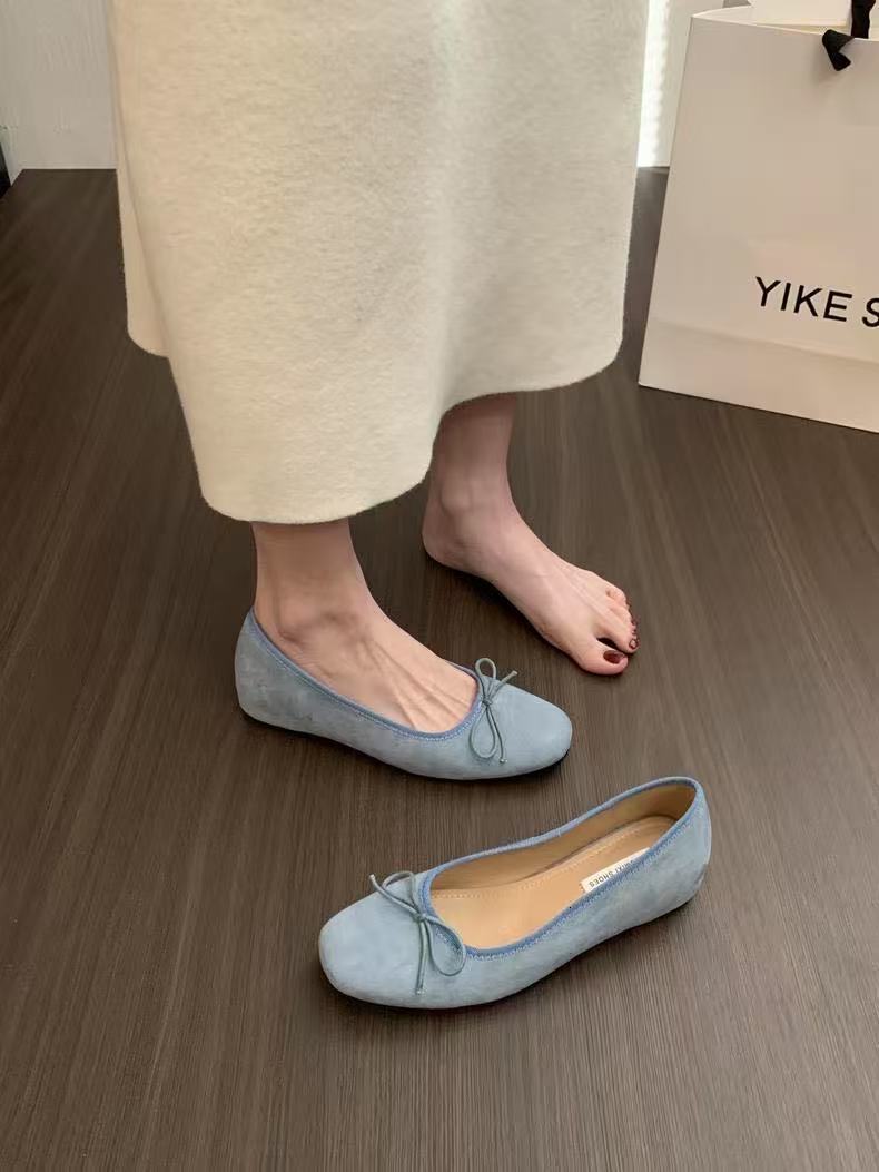 French soft sole single shoe silver womens shoes autumn scoop shoes evening style bow red flat shoes ballet shoes