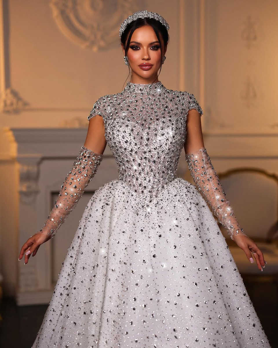 Heavy Handmade Beading Wedding Dresses Sparkly High Neck Removable Long Sleeve Bridal Gowns Sexy Bride Dress Customized
