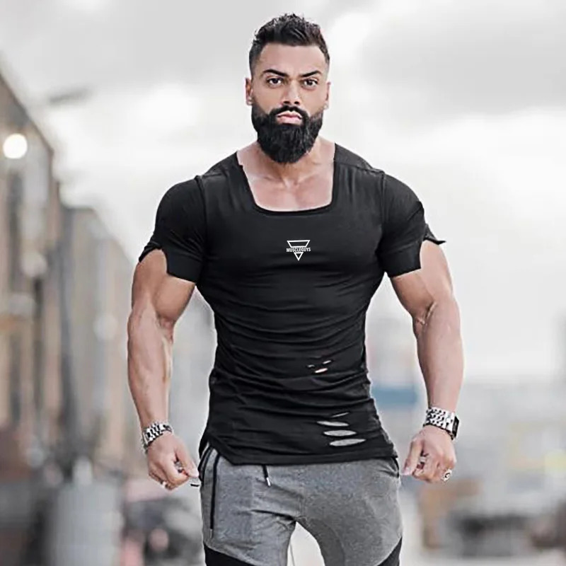 Cotton square collar mens running Tshirt gym fitness training clothing retro hole ultrathin suitable for breathable summer shirt 250312