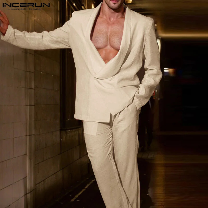 INCERUN Men Solid Color Pant Sets Csual 2PCS outfits Long Sleeve Tops Elastic Waist Pocket Pant Suits Sexy Elegant Loose Suits 250310