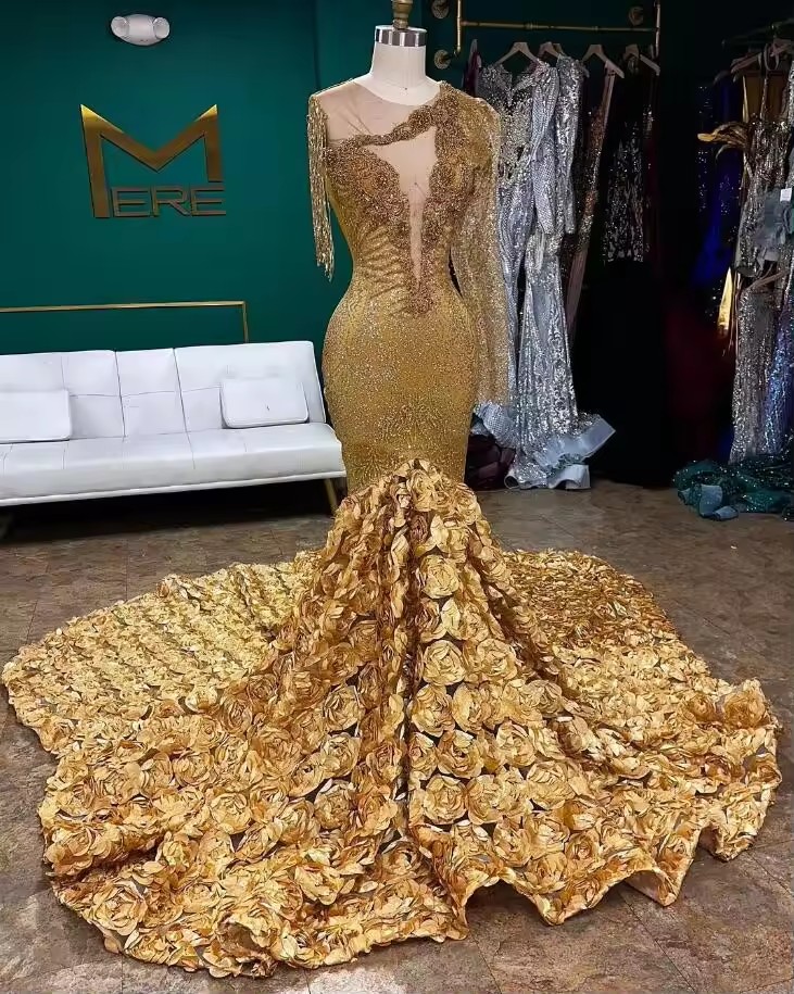 Gold African Mermaid Prom Dresses for Women Sparkly Dia Taseel Rose Train Evening Pageant Gown vestidos de festa 2025