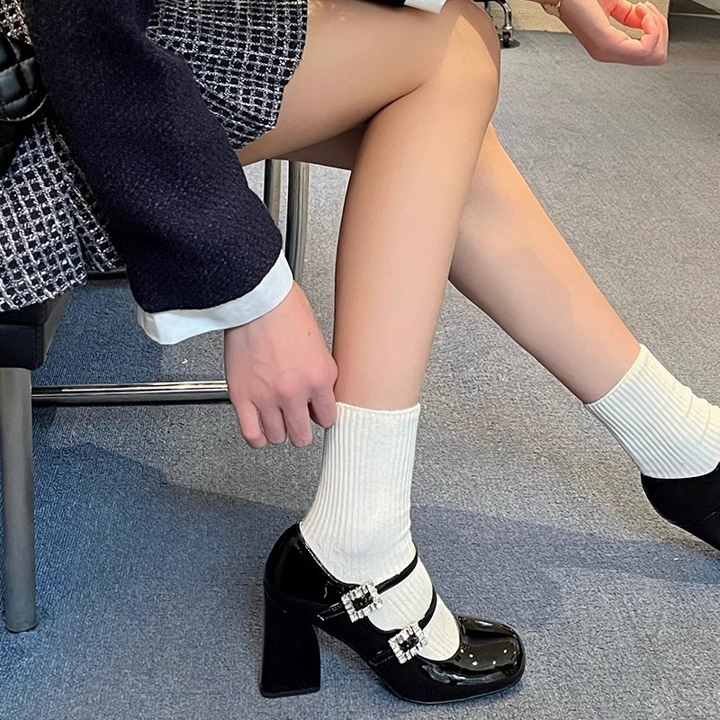 French style rhinestone thick Mary Jane shoes, silver high heels, shallow mouth square toe, one line buckle, matching skirt, single shoe for women #dd