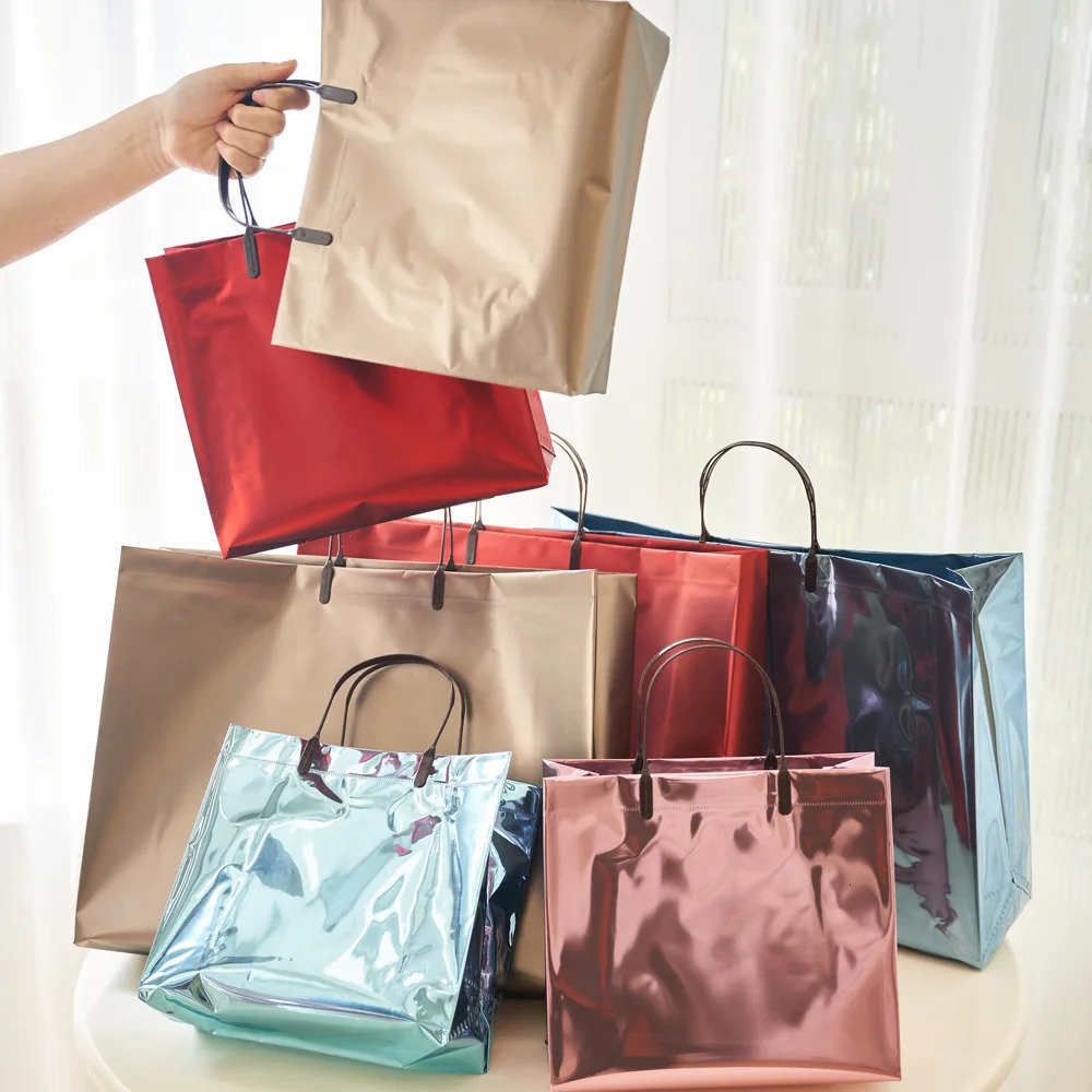 Laser PVC Shopping Bag With Snap Button Reusable Women Waterproof Eco Tote Bag Clothing Wedding Party Favor Gift Packaging Bags 250305