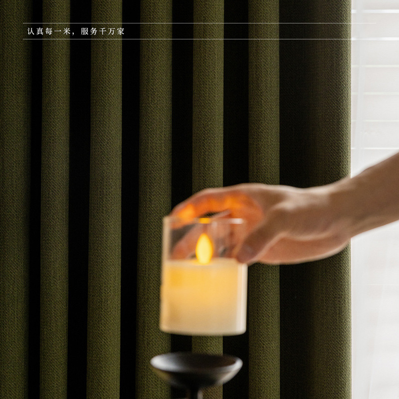 A933 High-weight cotton and linen texture blackout chenille curtains in antique style retro green cream rice with black edges Curtain