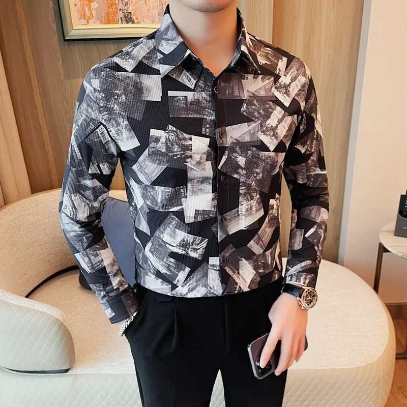 Korean Trend Printed Shirt for Men High-quality Slim Long Sleeved Shirt Casual Business Social Formal Dress Shirts Men Clothing W250312