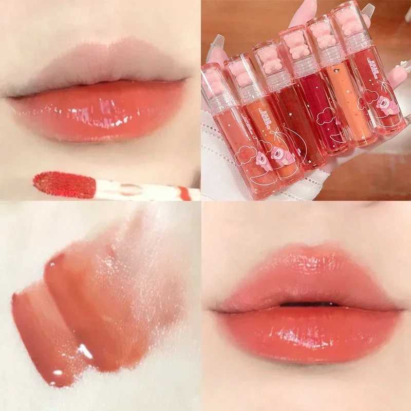 Crystal gloss lipstick cute bear durable color non sticky cup moisturizing lipstick mirror water liquid lipstick makeup W250312