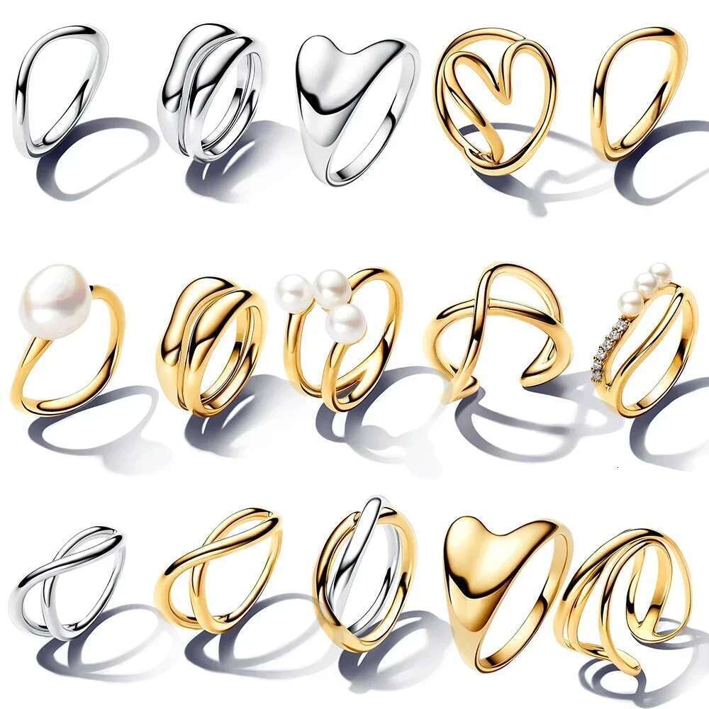 2024 New 925 Sterling Silver Organically Shaped Stacking Rings Heart Two-Tone Entwined Bands Ring Fit Women Gifts