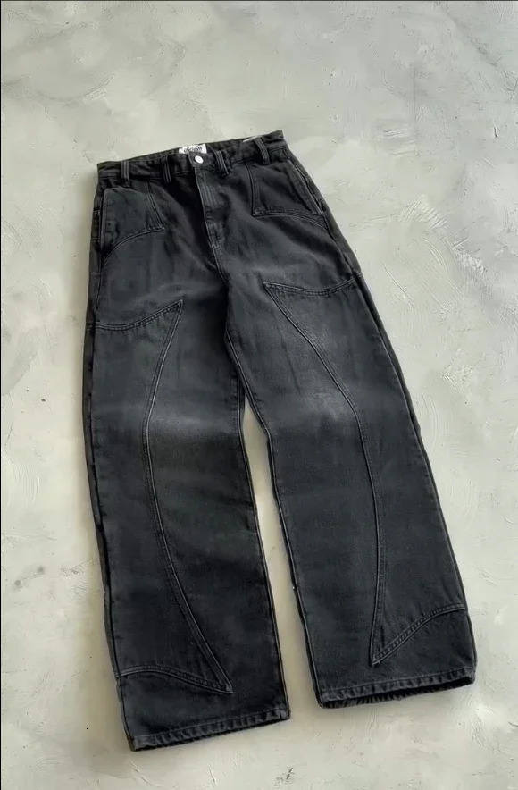 Y2k Thriller Pattern Hip Hop Embroidery Baggy Jeans Women Gothic Streetwear Straight Patchwork Black Retro Denim Men Clothes 250310