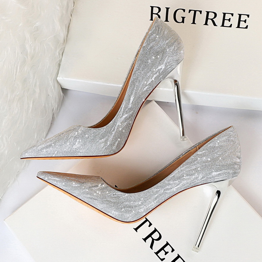 Designer shoes 1829-1 European and American high heels women's shoes slim heels shallow mouth pointed sequins sexy slimming nightclub single shoe
