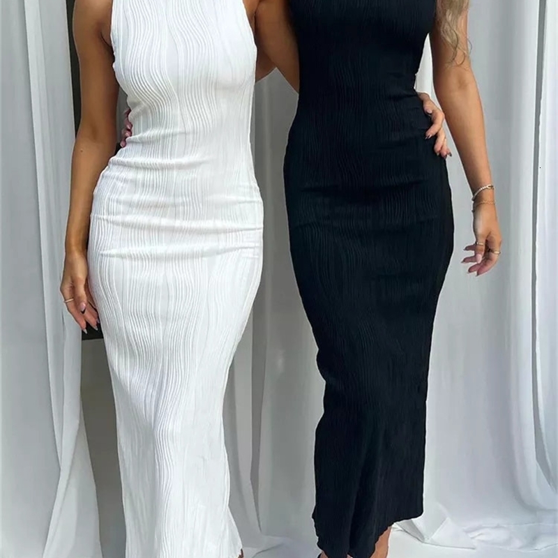 Sexy Women Long Dress Ruched Sleeveless Slim Solid Summer Party Back Split Clubwear Female Outfits 250311