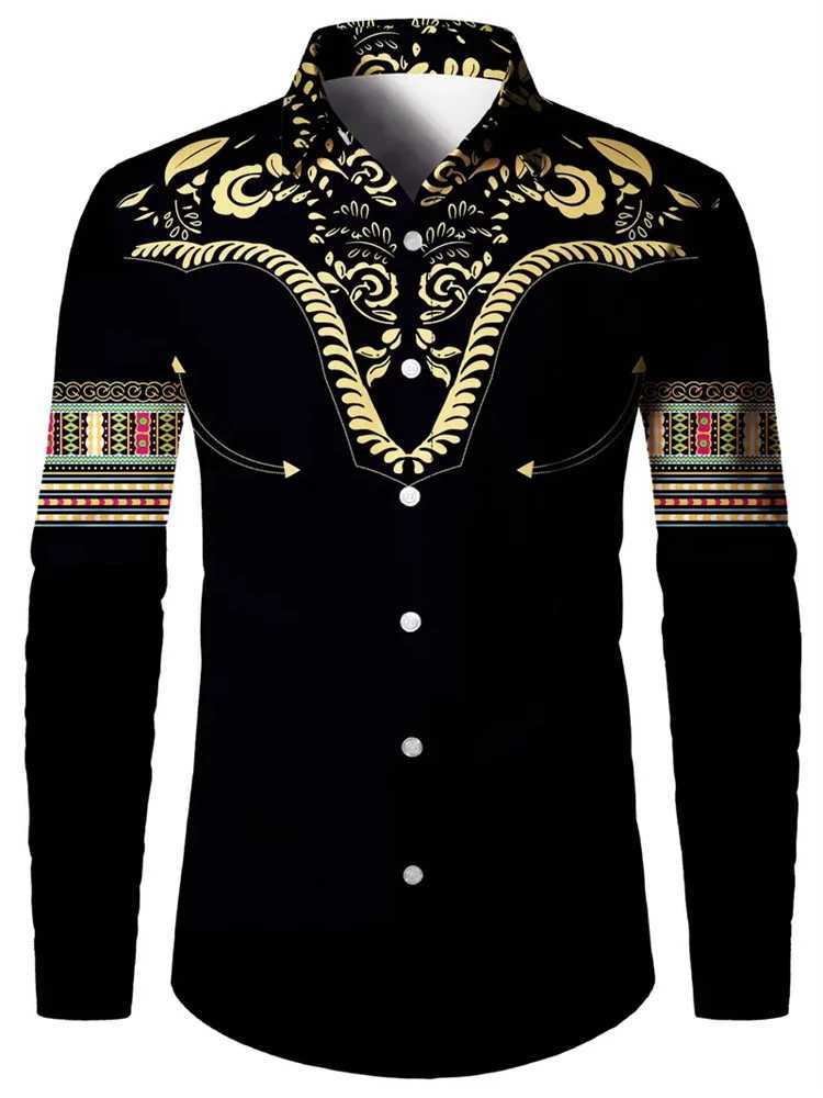 New Retro Mens Lapel Shirt Mens Exquisite Ethnic Print Slim Shirt New Fall Fashion Office Long-sleeved Blouse Elegant Shirt W250312