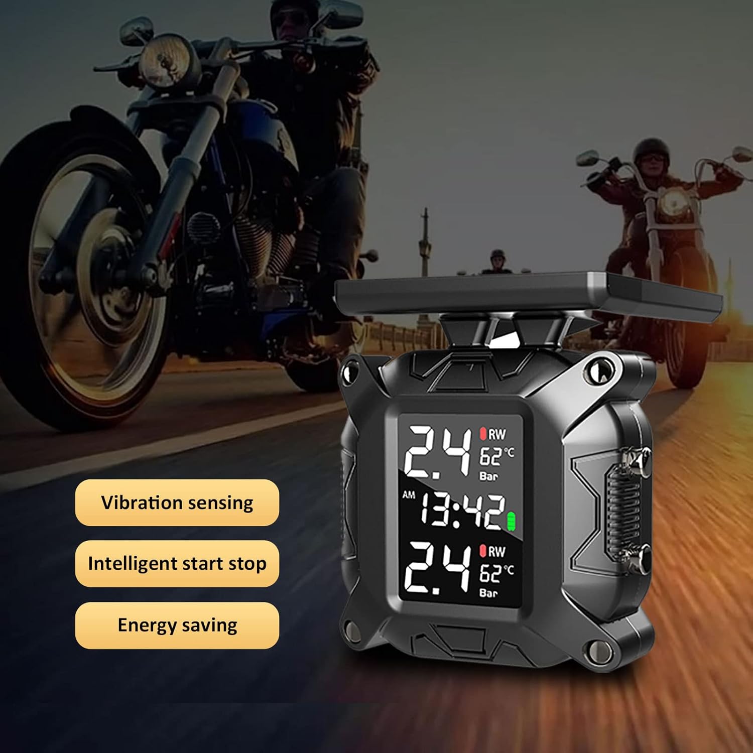 Motorcycle TPMS wireless tire pressure monitoring system, IP67 waterproof and dustproof wireless belt with 2 external sensors and digital LCD display 