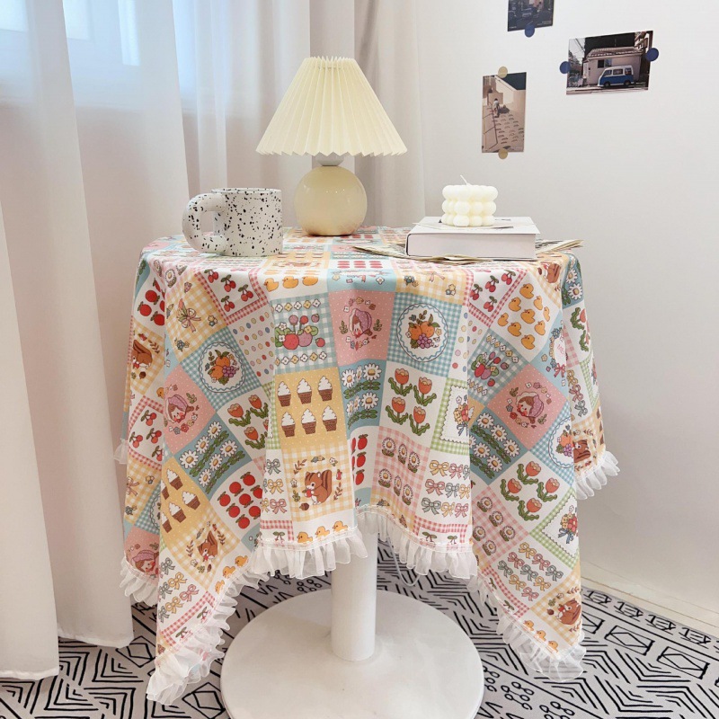 Tassel lace ins style wallpaper girly cartoon floral round table square table student desk pad net red velvet fabric A78E01