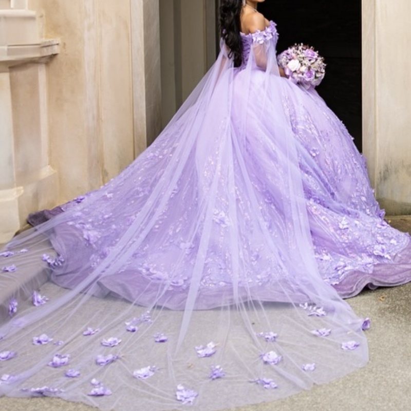 Lavender Shiny Off Shoulder Quinceanera Dresses Applique Lace Beading With Cape Tull Corset Party Birthday Sweet 16 Dress Vestidos 15 De Anos