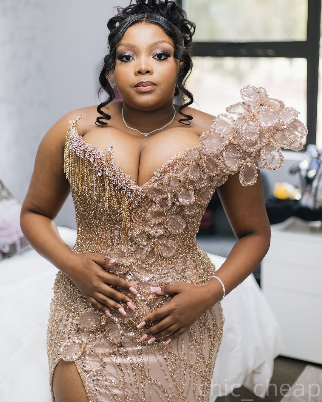 2025 Plus Size Champagne Prom Dresses Mermaid Sweetheart High Split Beaded Crystals Floral Lace Evening Formal Birthday Party Special Occasion Dress G