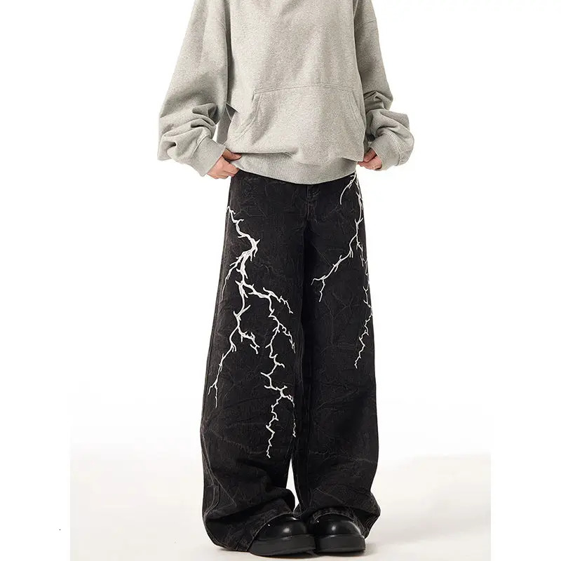 American retro sparkling pattern straight leg jeans suitable for both men and womens streets loose and casual wash wide leg casual pants y2k 250310