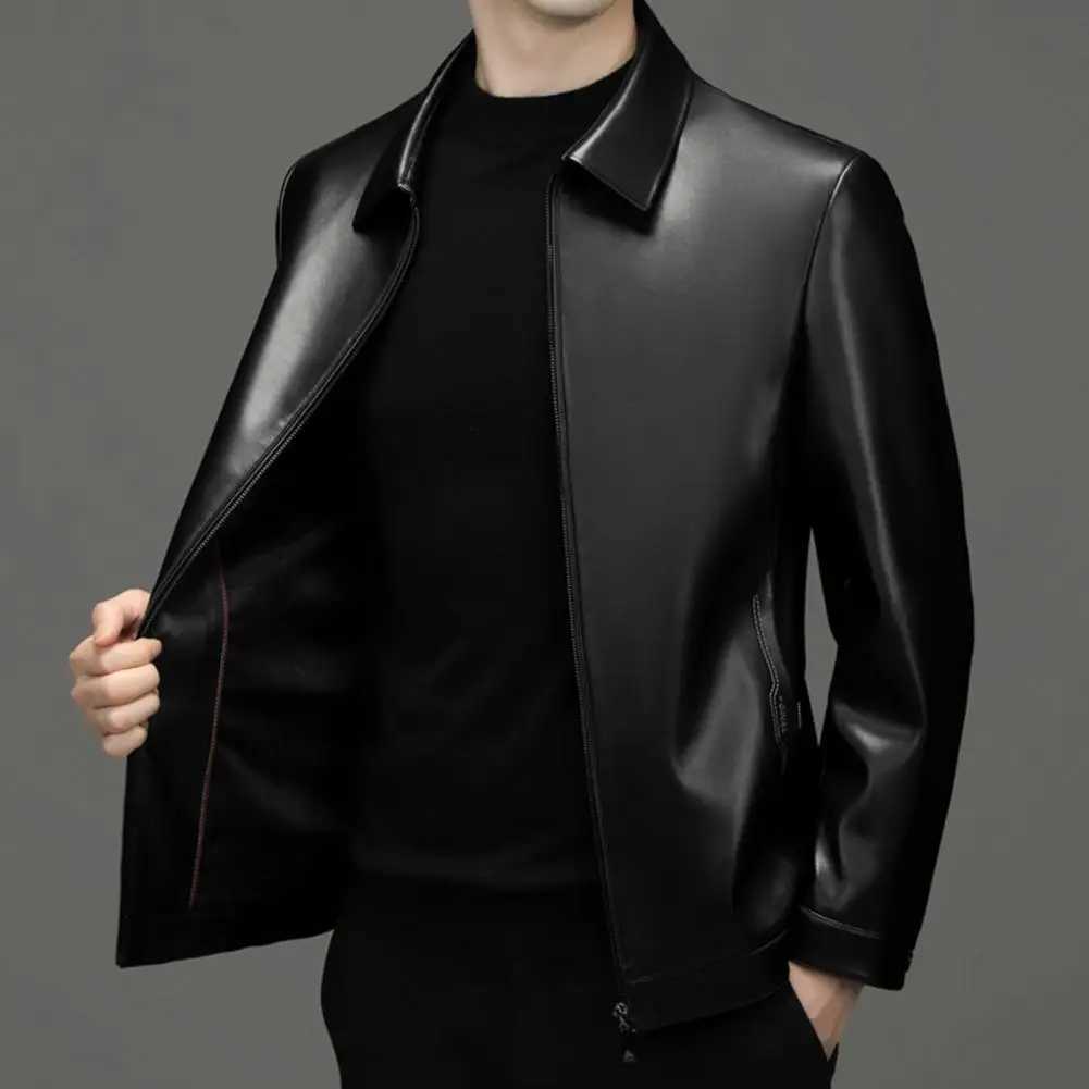 Men Jacket Lapel Long Sleeve Zipper Placket Regular Fit Coat Solid Color Short Style Faux Leather Jacket Casual Street OutwearT250311