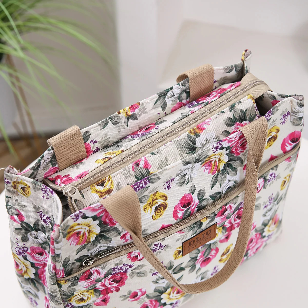 Fashion Floral Print Tote Bag Portable Canvas Lunch Womens Casual Handbag Bento Mommy For Picnic Travel 250304