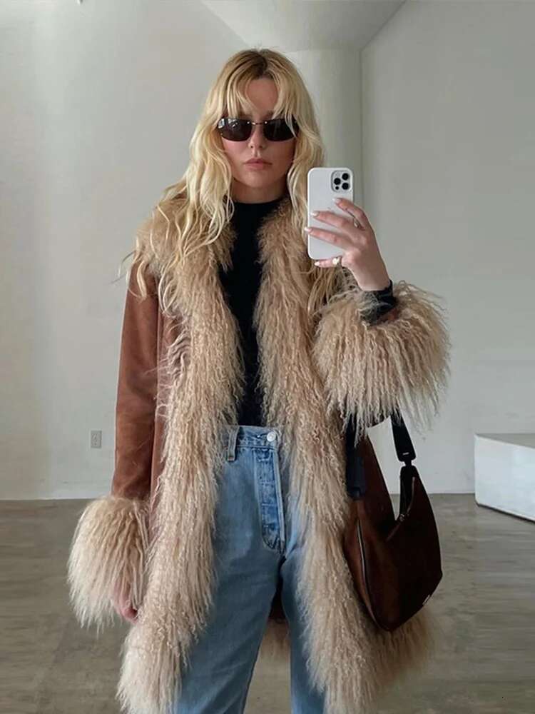 Faux Fur Patchwork Thicken Outwear Women Turn-Down Collar Furry Loose Long Sleeve Warm Coat 2024 Winter Casual Pocket Overcoat