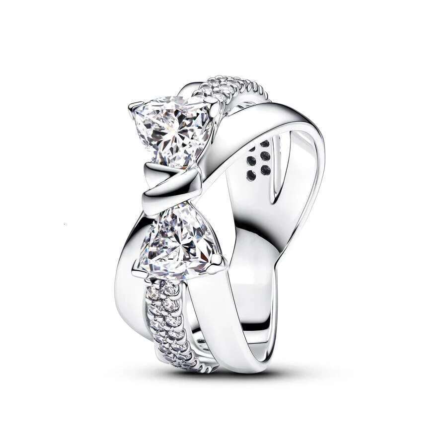 2024 NEW 925 Sterling Silver Sparking Pink Bow Heart Ring Shooting Stars Open Ring Blue Halo Chain Ring Gifts