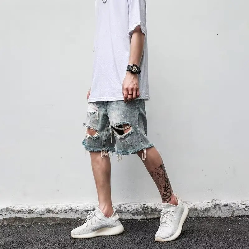 Summer mens hole straight wide leg Harlan jeans shorts elastic high wash pocket denim 250312
