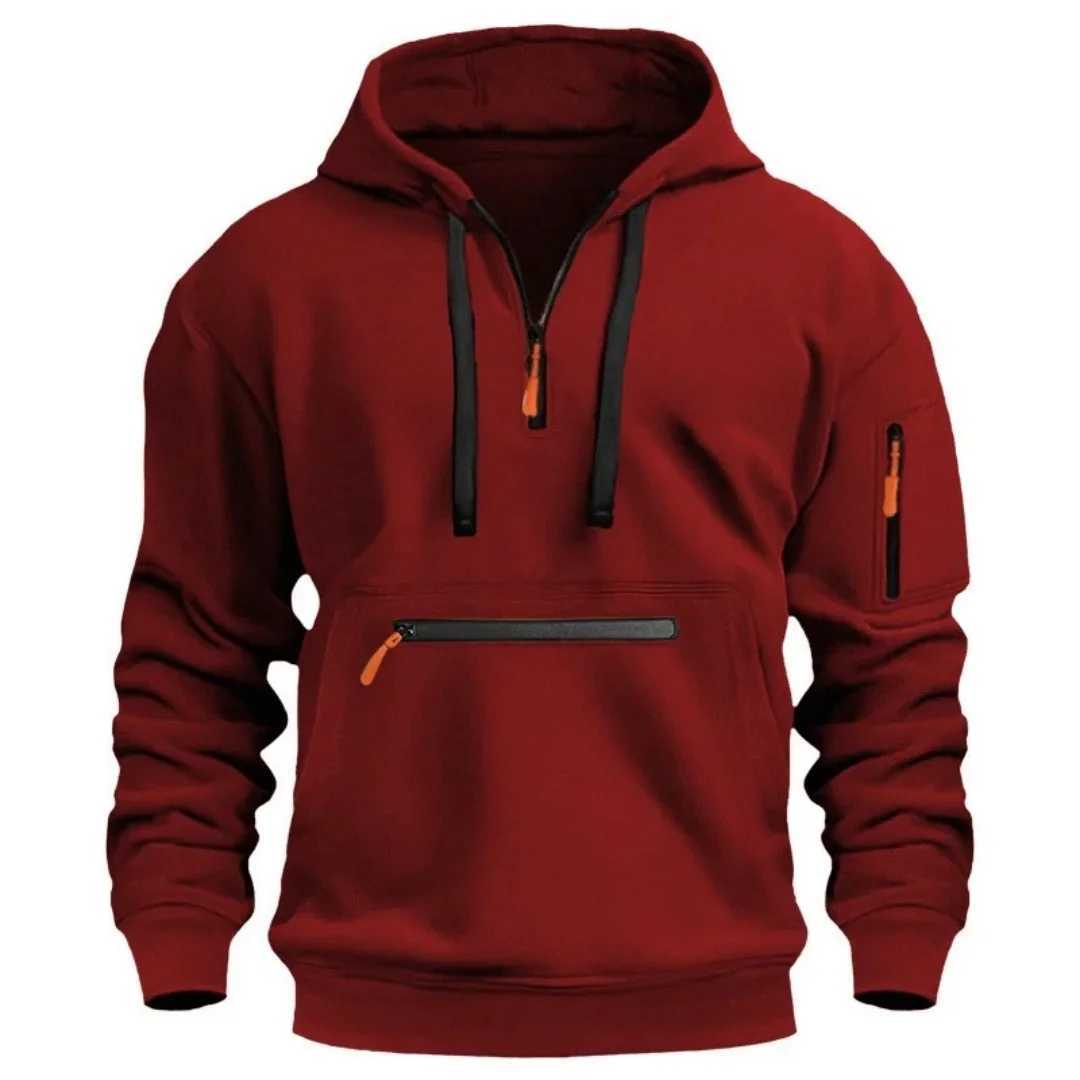Mens hooded drawstring zipper pocket autumn and winter Hoodies fashion casual daily street solid color plus cashmere warm Tops M250312