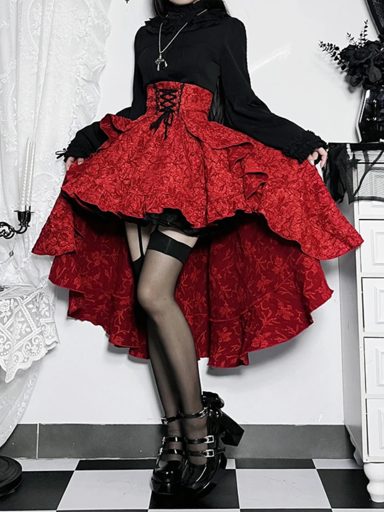 Retro Gothic High Waist Swallowtail Skirt Womens Steampunk Vintage Lace Up Asymmetric Low Skirts Outfits Party 250311