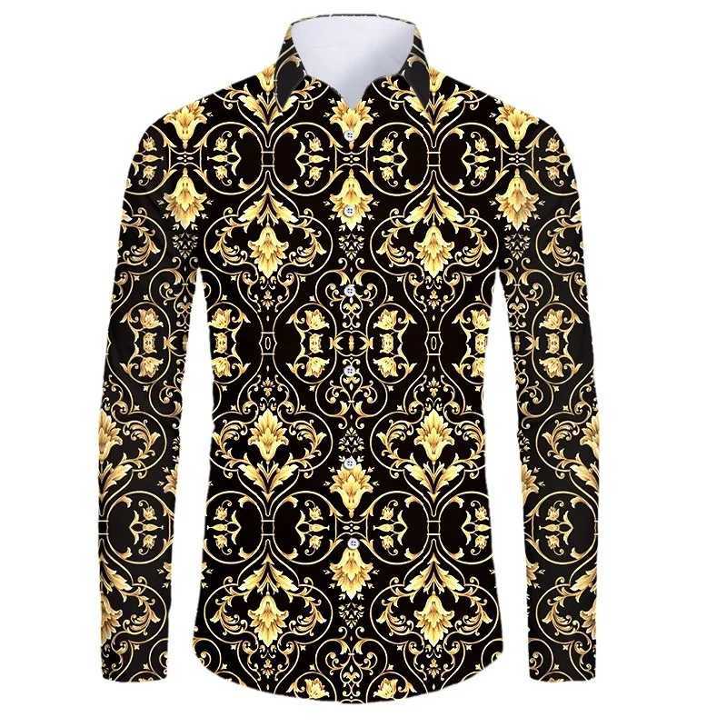 Athleisure High-end Luxury Gold Pattern 3D Printed Long Sleeve Button Down Shirt Mens Street Style Fashion Top Hip Hop Clothing W250312
