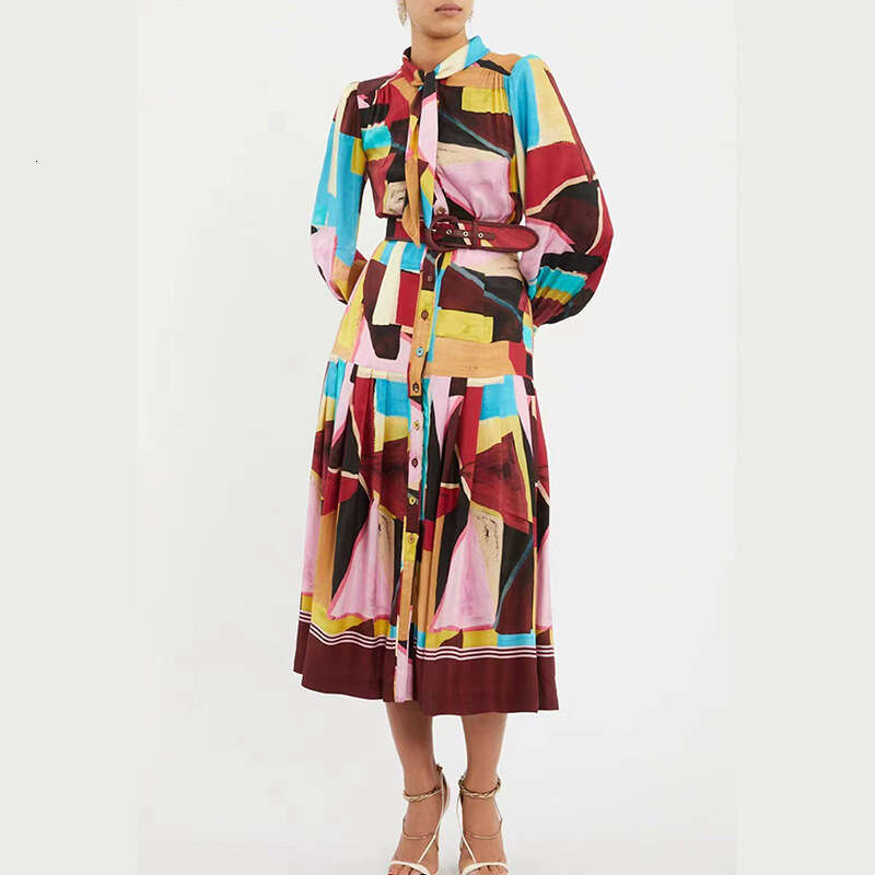 2023 Australian Autumn And Winter New Bow Tie With Belt, Waist Cinching Geometric Print Dress, Long Skirt