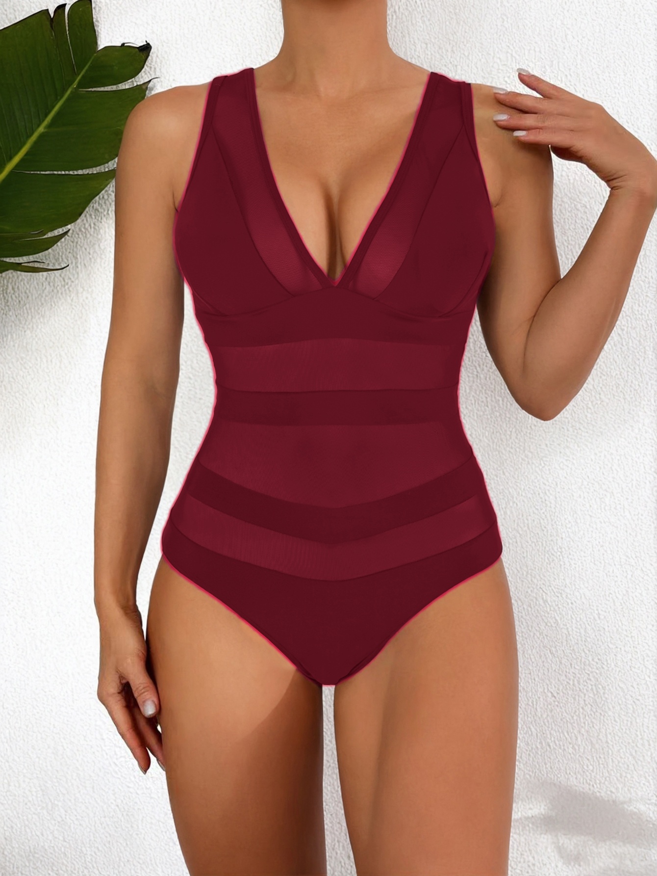 Sexy V-Neck Beach Bodysuit Swimwear Plain Splicing Mesh One Piece Swimsuit Women See-Through Monokini Bathers Low Back Slimming Swimming Bathing Suit 