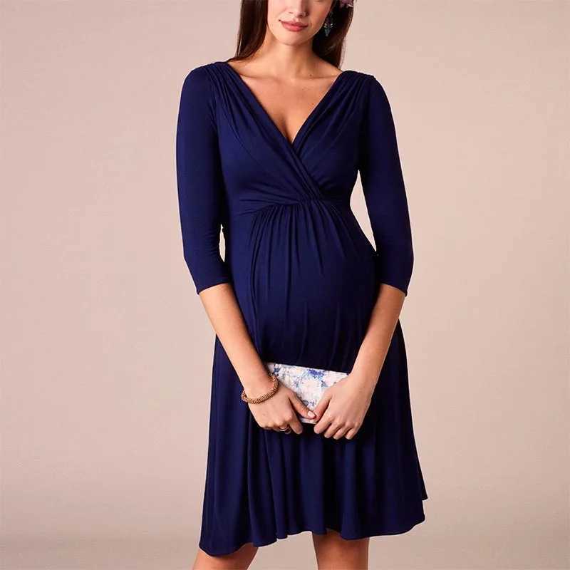Breastfeeding Dresses Maternity Clothes for Pregnant Women Clothing Solid V-Neck Pregnancy Dresses Mother Wear Evening DressT250311