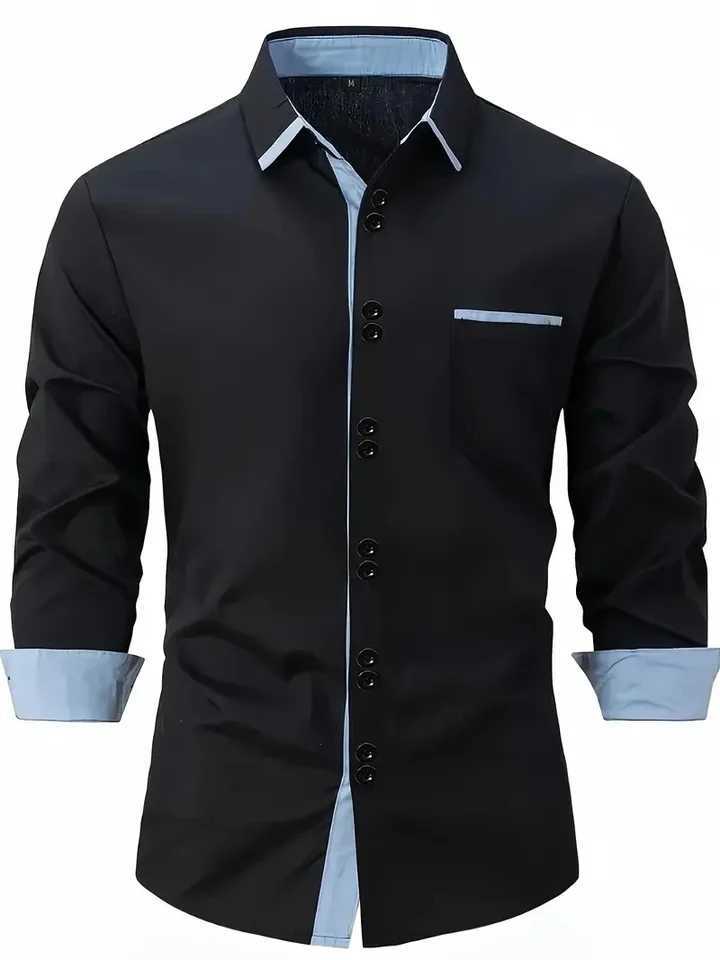 Mens Business Casual Cotton Shirt with Pocket Color Matching Lapel Comfortable Long Sleeve Top for Holiday W250312