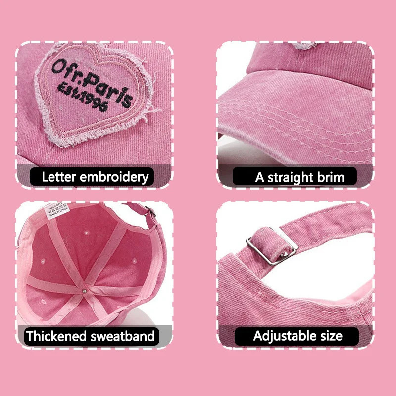 Korean Women Baseball Cap Spring and Summer Retro Love Heart Embroidery Hat Girls Fashion Patch Sunshade Soft Top Caps 250311