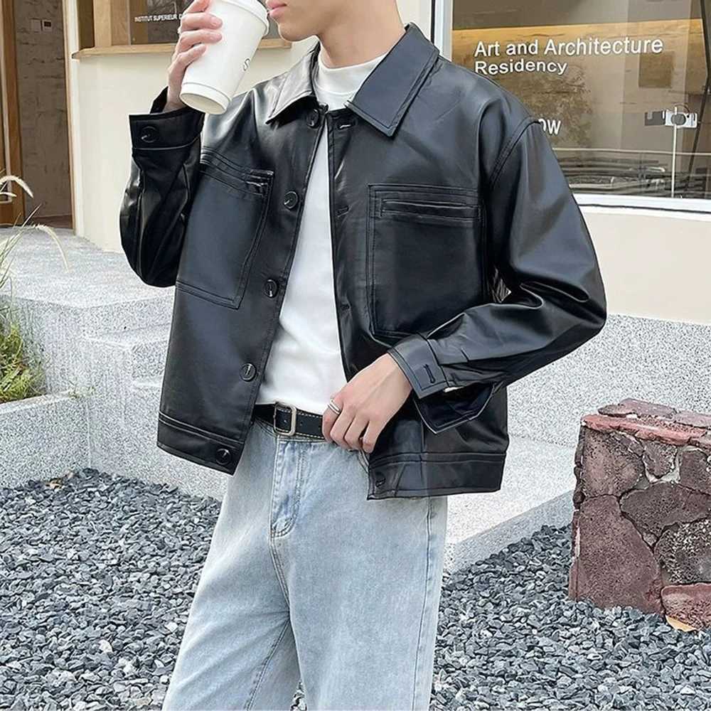 Autumn Mens Fashion Y2k Leather Jacket Trend Solid Color Lapel Casual Short American Street Slim Motorcycle Leather Jacket MenT250311