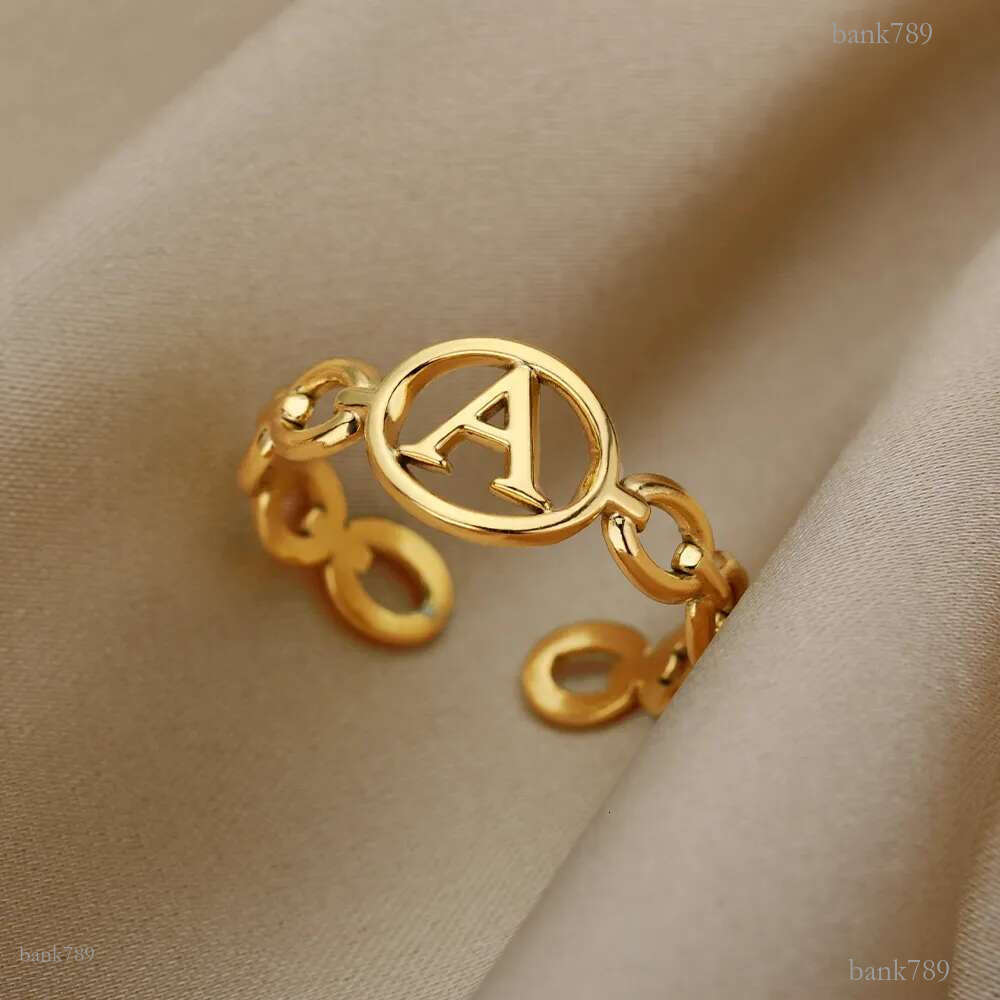 Hollow Initial Letter Rings For Women Stainless Steel Gold Color Link Adjustable Ring Female Wedding Aesthetic Jewelry G