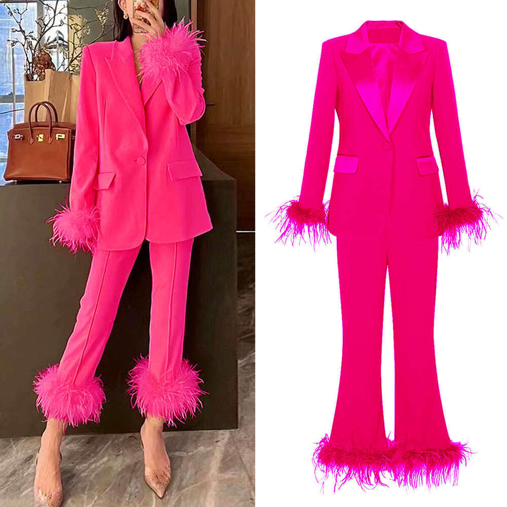 2025 Spring And Autumn New Internet Celebrity Ostrich Hair Suit Two Piece Temperament Dress Women's Pants Set