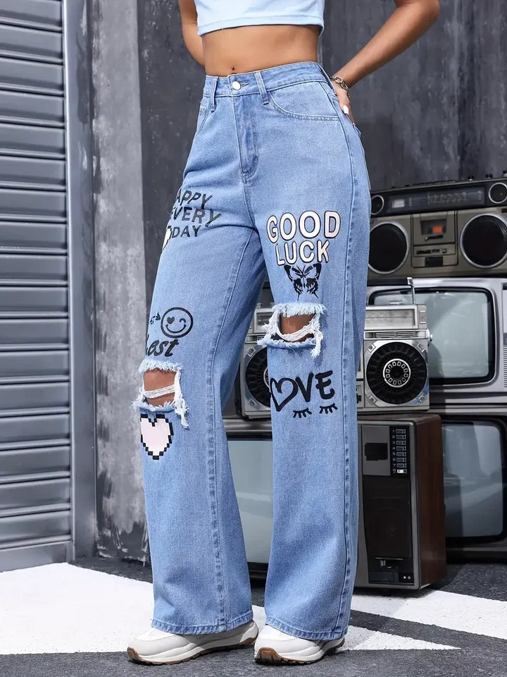 Womens High Waist Button Up Print Jeans Fashion Casual Straight Pants for Women Spring Summer Chic Ripped 250311