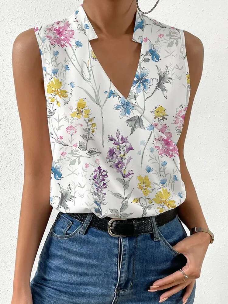 Fashion V-Neck Sleeveless Print Women Tops And Blouses 2024 Summer Casual White Tank Femme Shirt Top