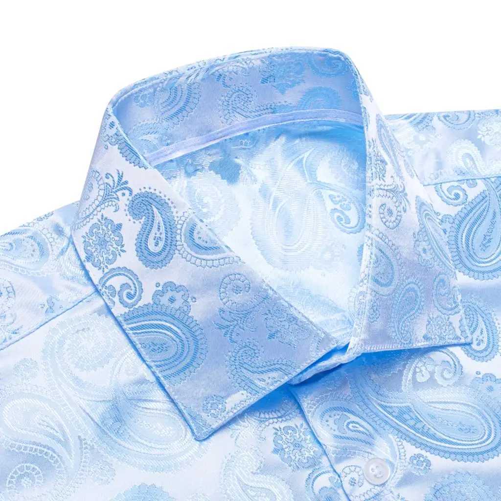 Hi Tie Navy Royal Sky Blue Silk Mens Shirt Flip Collar Long Sleeve Dress Jacquard Shirt Mens Wedding Business Ball W250312