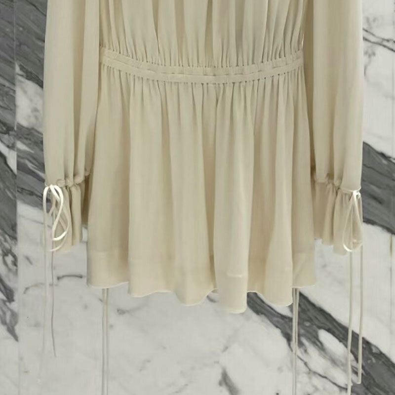 Women's Off-Shoulder Mini Tie-Waist Dress Fashion Long Sleeve Pleated Waist-Defining Solid Color Trendy Sexy Early Spring Luxury Designer High-Qu