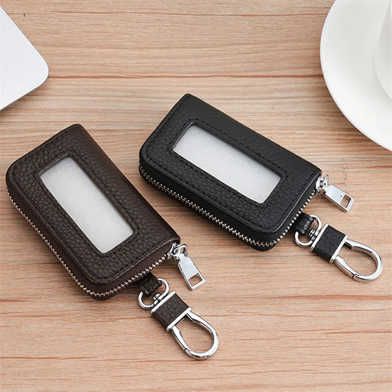 Car key bag Lychee pattern top layer denim key bag PU leather keychain large capacity neutral key bag 250311